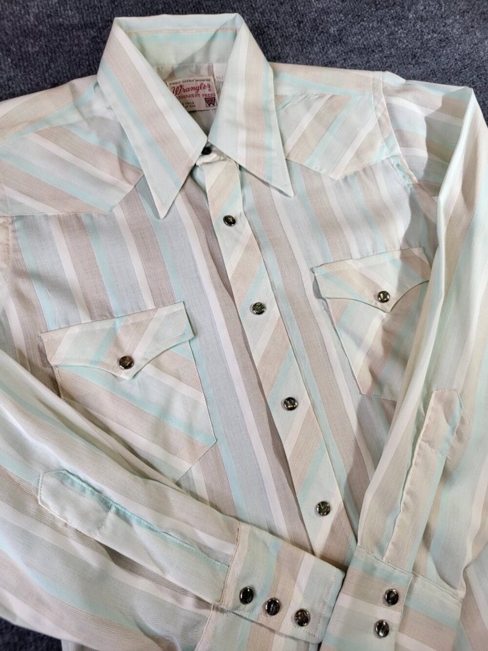 Vtg 70's Wrangler Pearl Snap Western Shirt USA Made 15/34 Long Tail Striped Rare